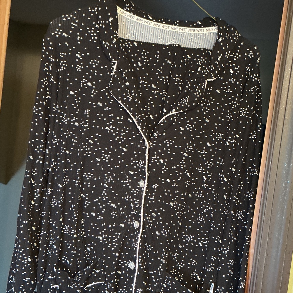 Nine West Black Button-Up Sleep Top with White Dot Print
